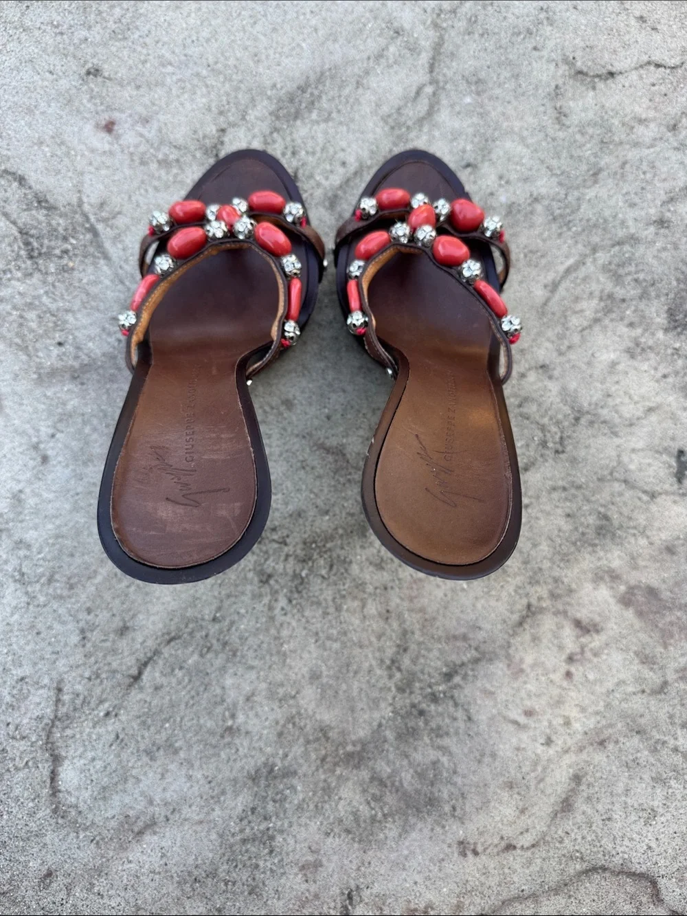Giuseppe Zanotti Black Stiletto Sandal with Red Bead Embellishments